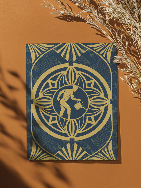 Luxury Art Deco birthday card featuring golden water bearer design on deep blue background with geometric patterns. Contains Aquarius ritual. Perfect for astrology enthusiasts and modern mystics who appreciate elegant design.